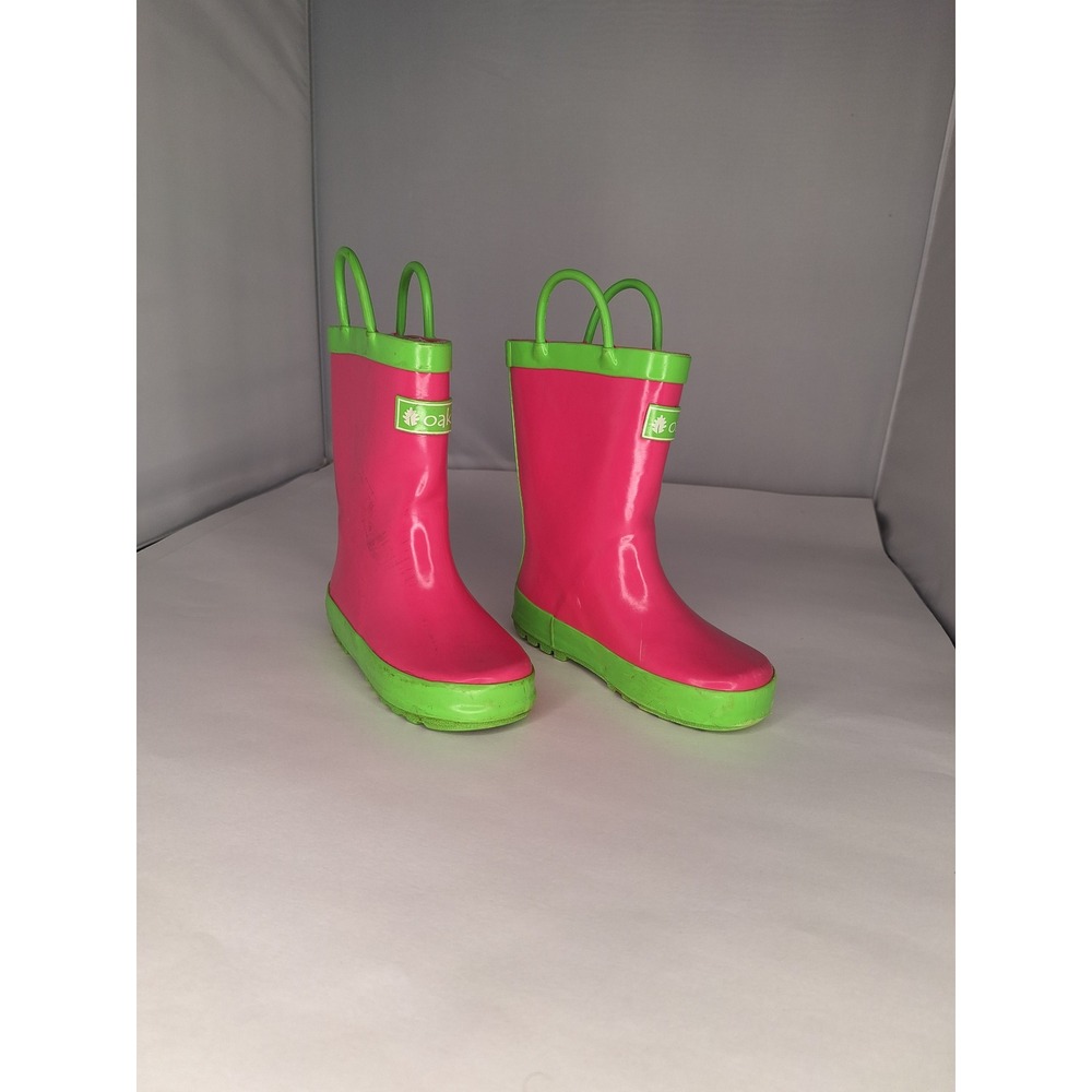 Oaki Kids Rain Boots Pink‎ Green Rubber Pull On Boots Size Toddler